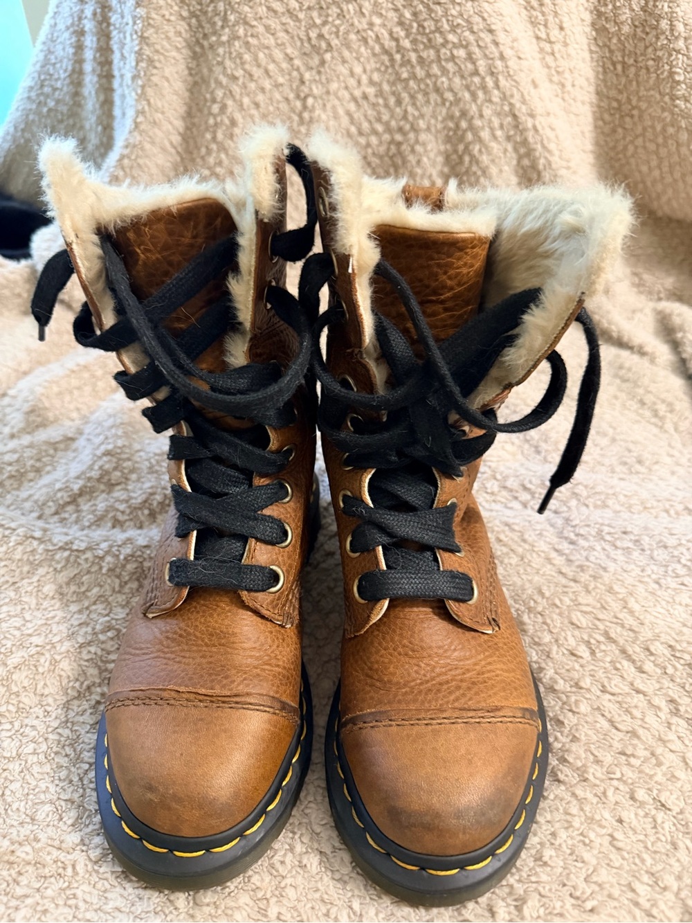 Dr. Martens Aimilie Faux Fur Lined Leather Lace Up Boots Tan Brown